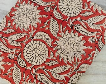 Red Floral Hand Block Print Cotton Fabric by the Yard, Red Cotton Fabric for Curtains, Cushions, Table Linen, Sewing, Quilting, Dressmaking