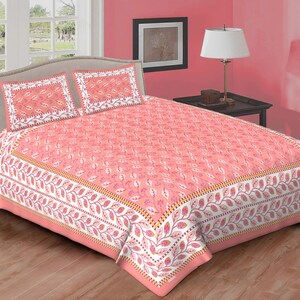 Handmade Pink Floral Block Print Cotton Bedsheet: Queen Size