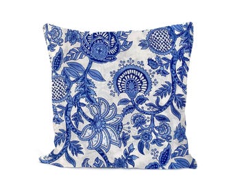 Blue Floral Cotton Cushion Cover, Hand Block Print Pillow Cover, Indigo Flower Throw Pillow | Boho Decorative Cushion, Indian Home Decor