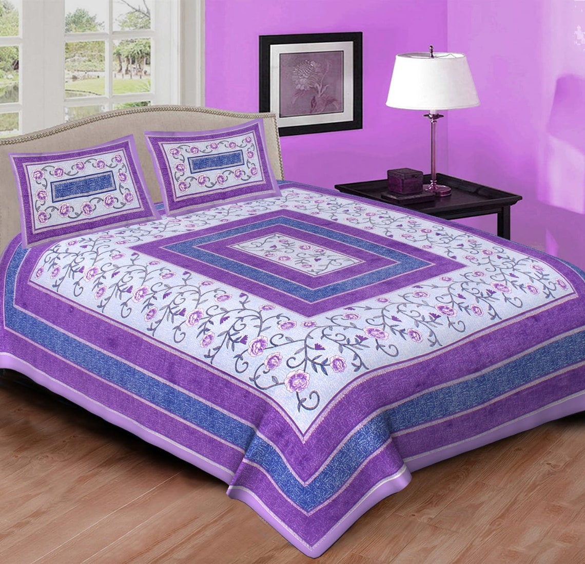 Purple Color Printed Cotton Bedsheet 90x100 INCH Handmade Designer