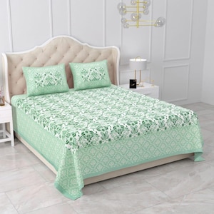Handblock Printed Cotton Queen Bedsheet Set: Sanganeri Floral Design