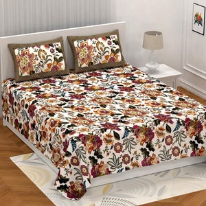 Boho colourful leaves sheets handblock printed bedsheet with 2 pillow cover pastel color for king size bedsheet indian print cotton bedsheet