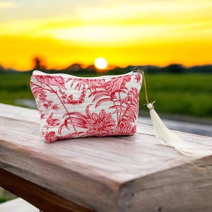 Handmade Quilted Pouch: Red Floral Block Print Cotton Makeup Bag