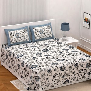 Hand Block White Purple Floral Design King Size Bedsheet Set with Pillow Covers 100% Cotton Bedsheet Double Bedding Set/ Bedspread