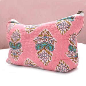 Pink Floral Quilted Pouch: Cotton Makeup Cosmetic Bag