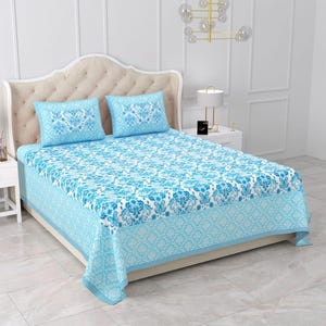 Queen Size Block Print Bedsheet Set: Sanganeri Cotton Bedding