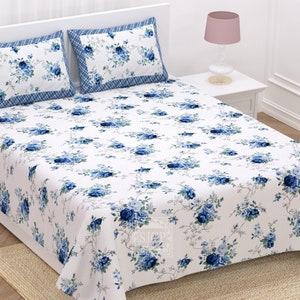 Handblock Printed Hand made Bedsheet, Purple Flower Indian Cotton Bedsheet Floral King Size Bedsheet Flower Bed Sheet 2 Pillow Covers