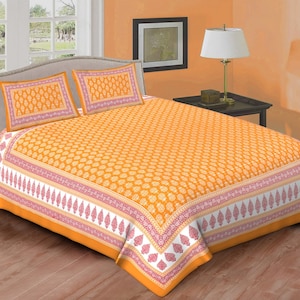 Orange Sanganeri Print Cotton Bedsheet: Queen Size with Pillow Covers