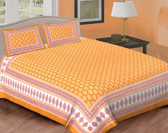 Lenzuolo in cotone stampato color arancione, 90 x 100 pollici, lenzuolo di design fatto a mano con 2 federe, lenzuolo matrimoniale queen size, regalo per lei