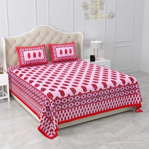 Indian Cotton Flower Printed Bedsheet, Handmade Bedsheet with 2 Pillowcases, Queen Size Double Bedsheet, Personalized Gifts (90x100 INCHES)