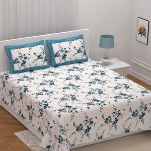 White Cotton Bedsheet, Floral King Size Bedsheet With Pillowcases, Handmade Bedsheet, Double Bed Sheet, Quilted Bedding Bedspread