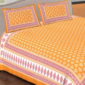 Orange - Himroo Jacquard Mercerized Cotton Double Bedsheet (98 x 88 in)