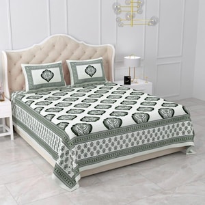 Hand Block Printed Cotton Bedsheet Set: Sanganeri Double/Queen
