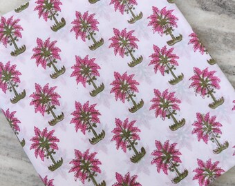 Pink Palm Tree Cotton Fabric: Tropical Block Print for Sewing & Quilting