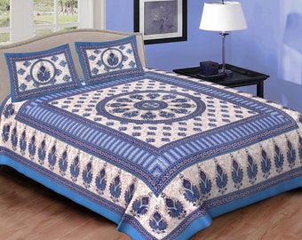 Handmade Cotton Bedsheet Set | Floral Queen Size Bedsheet With 2 Pillow Covers | Couple Bedsheet Set | Lotus Cotton Sheet | Christmas Gift