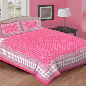 Pink Floral Block Print Cotton Bedsheet: Queen Size Bedspread with Pillow Covers