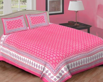 Pink Cotton Bedsheet Set, Hand Block Print Bedding, Queen King Size Bed Sheet, Indian Floral Print Bedspread, Soft Cotton Bedding, Bedroom