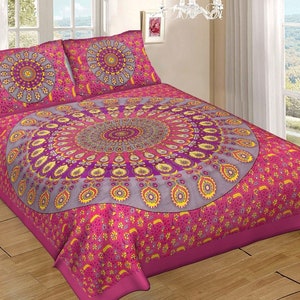 Indian Famous Cotton Premium Double Bedsheet, Queen Size (90*100) 2 Pillow Covers, Multi Color Sanganeri Printed Cotton Double Bedsheet