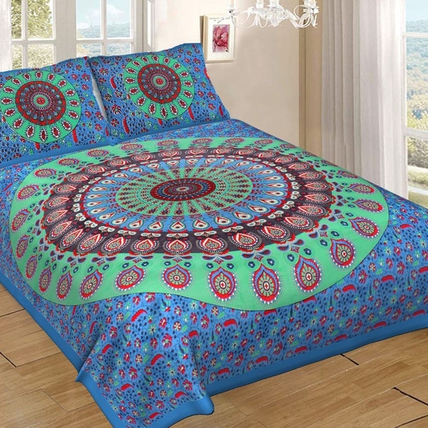 Famous Jaipuri Cotton Premium Double Bedsheet,Queen Size (90*100) 2 Pillow Covers, Multi Color Sanganeri Printed Cotton Double Bedsheet