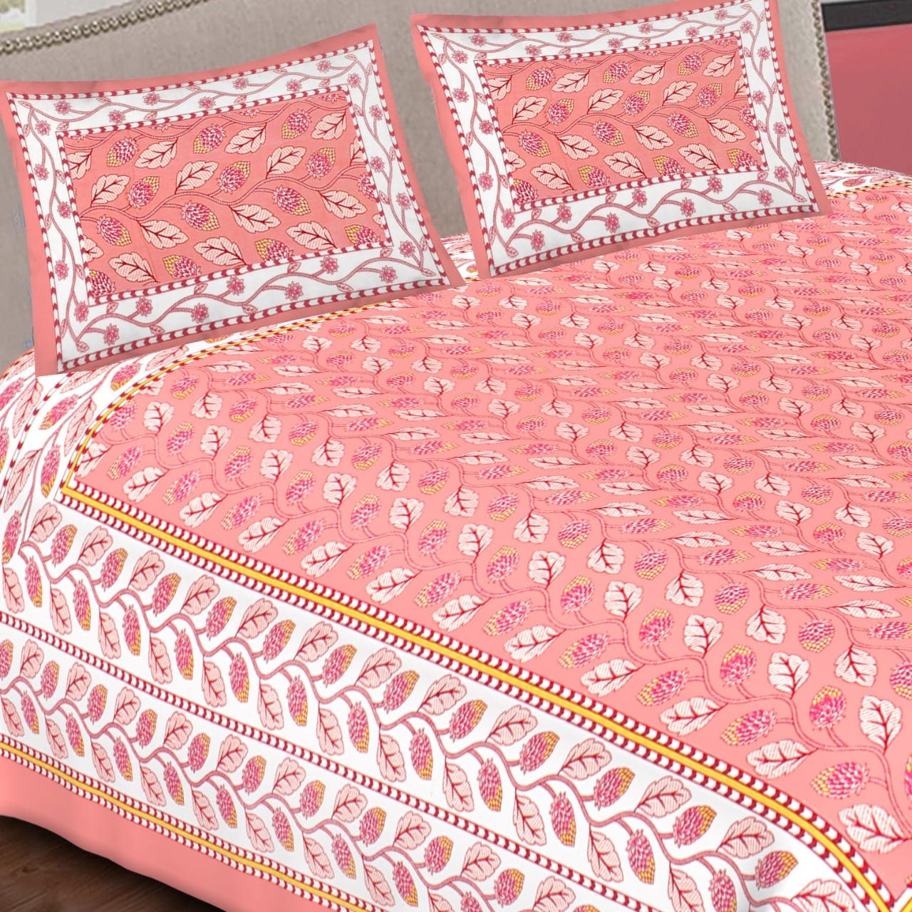 Handmade Pink Color Print Cotton Bedsheet, 90x100 INCH, Block Print ...