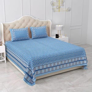 Cotton Bedsheet, Hand Block Printed Flower Designer Bedsheet With 2 Pillowcases, Floral Organic Bedsheet, Double Bed Sheet Handmade Bedsheet