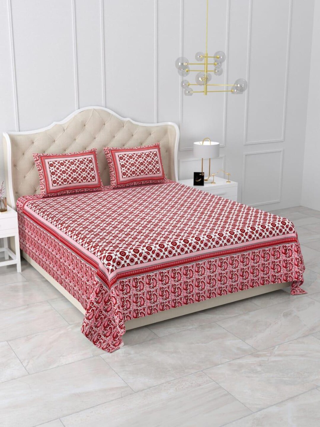 レッドコットンベッドシーツ、ハンドメイドインドプリント寝具セット