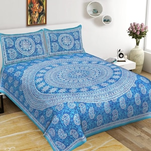 Queen Size Bedsheet, Handmade Floral Bedsheet Set, Printed Cotton Bedsheet With 2 Pillow Covers, Home Decor Bedsheet, Designer Bedcover