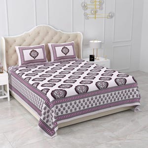 Hand Block Printed Cotton Bedsheet Set: Queen Size Sanganeri Design