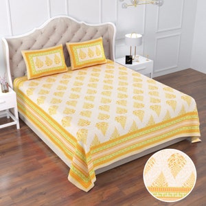 Sanganeri Print Cotton Bedsheet Set: King Size Bedding with Pillow Covers