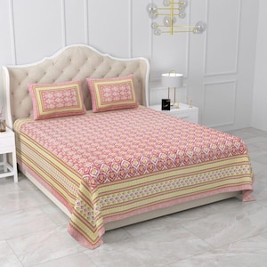 Handblock Printed Cotton Queen Bedsheet Set: Sanganeri Floral Design