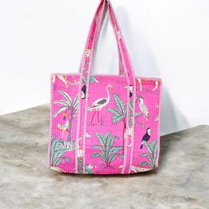 Indian Tote Bag, Well Craft Quilted Bag, Quilted Handmade Cotton Block Printed Bird Shoulder Shopping Bag for Women, Ethnic Reversible Bag
