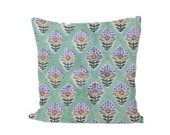 Hand Block Printed Cotton Cushion Cover, Green Floral Pillow Cover, Boho Decorative Throw Pillow, Handmade Cotton, Living Room Home Decor