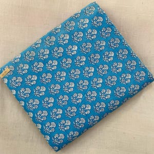 Blue Buti Hand Block Print Cotton Fabric, Soft Indian Floral Fabric by the Yard, Quilting, Sewing, Dressmaking, Loose Running Fabric, Gifts