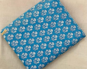 Blått Buti handtryckt bomullstyg, mjukt indiskt blommigt tyg på metervara, quiltning, sömnad, klädsömnad, löst löpande tyg, presenter