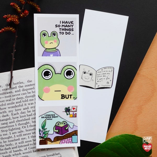 cute frog reading bookmark