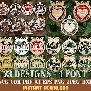 Ornamento di Natale SVG Bundle File laser Nome personalizzato Ornamento SVG Ornamento di famiglia SVG Glowforge Ornamento Nome di Natale in legno Decorazioni natalizie
