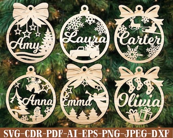 Christmas Ornaments SVG Bundle Custom Name Ornament SVG Laser Cut