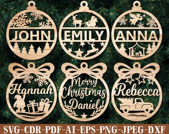 Laser Cut Christmas Ornaments SVG Bundle Custom Name Ornament SVG Laser Cut Family Ornament SVG Wood Christmas Name Glowforge Ornament
