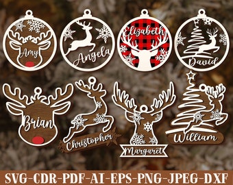 Rendieren Kerstornament SVG Laserbestand Aangepaste naam Ornament SVG Bundel Glowforge Ornament Familieornament SVG Houten kerstdecor