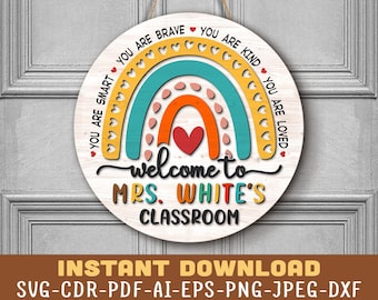 Teacher Name Sign Laser SVG File Teacher Round Door Sign Svg Teacher Appreciation Door Hanger SVG Teacher Rainbow Sign Svg Teacher Wood Sign