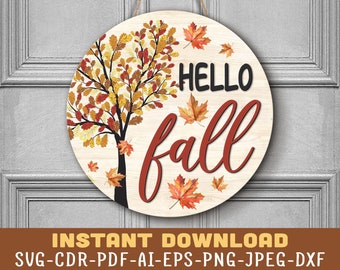 Hello Fall Door Sign SVG, Fall Door Hanger Svg, Hello Fall Svg, Fall Welcome Sign Svg Fall Sign Glowforge Laser Cut Files Fall Door Sign Svg