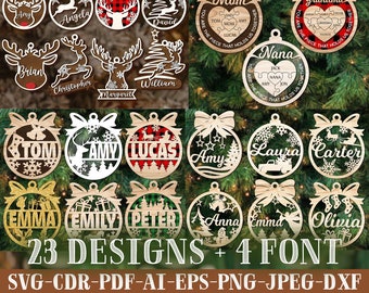 Adorno de Navidad SVG Paquete Archivo Láser Nombre Personalizado Adorno SVG Adorno Familiar SVG Glowforge Adorno Madera Nombre de Navidad Decoración de Navidad