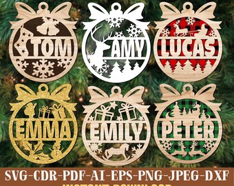 Adorno navideño SVG, archivo láser, adorno con nombre personalizado, paquete SVG, adorno Glowforge, adorno familiar SVG, madera, nombre navideño, decoración navideña