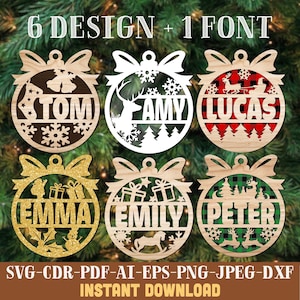 Ornement de Noël Fichier laser SVG Nom personnalisé Ornement SVG Bundle Ornement Glowforge Ornement de famille SVG Bois Nom de Noël Décoration de Noël