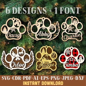 Lot de décorations de Noël empreinte de patte SVG fichier découpé au laser nom personnalisé pour animal de compagnie ornement SVG nom de Noël en bois ornement Glowforge décoration de Noël
