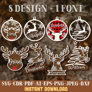 Renna ornamento di Natale SVG File laser Nome personalizzato Ornamento SVG Bundle Glowforge Ornamento Famiglia Ornamento SVG Legno Decorazioni natalizie