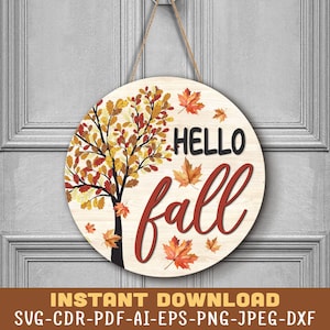 Panneau de porte automne bonjour SVG, accroche-porte automne Svg, Svg bonjour automne, signe de bienvenue automne Svg signe automne Glowforge fichiers découpés au laser signe de porte automne Svg