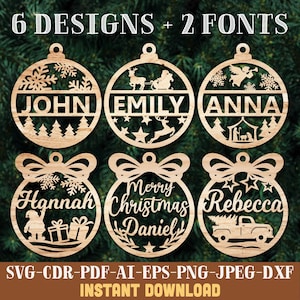 Laser geschnittene Weihnachtsschmuck SVG Bundle Benutzerdefinierte Name Verzierung SVG Laser geschnitten Familie Ornament SVG Holz Weihnachtsname Glowforge Ornament