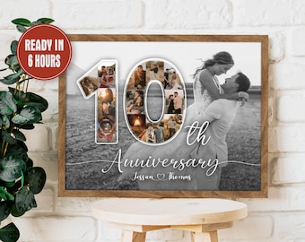 May include: A framed black and white photo collage celebrating a 10th anniversary. The number 10 is filled with multiple photos. The words "10th Anniversary" and names are written in script. A red circle with the text "READY IN 6 HOURS" is in the upper left corner.