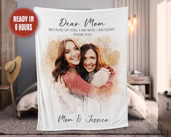 Personalized Mother's Day Blanket for Mom, Watercolor Picturer Mom Blanket, Photo Blanket for Mom, Christmas Gift for Mom Birthday Gift